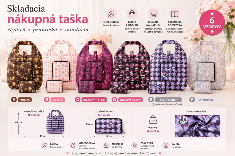 Skladacia nákupná taška – 6 vzorov | Ľahká, skladacia a ekologická