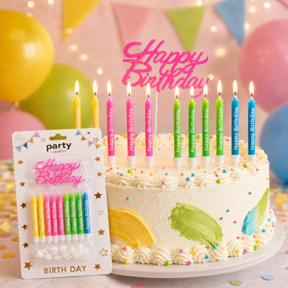 Sada farebných sviečok (8 cm) so zápichom Happy Birthday (9x6 cm) – 10 ks