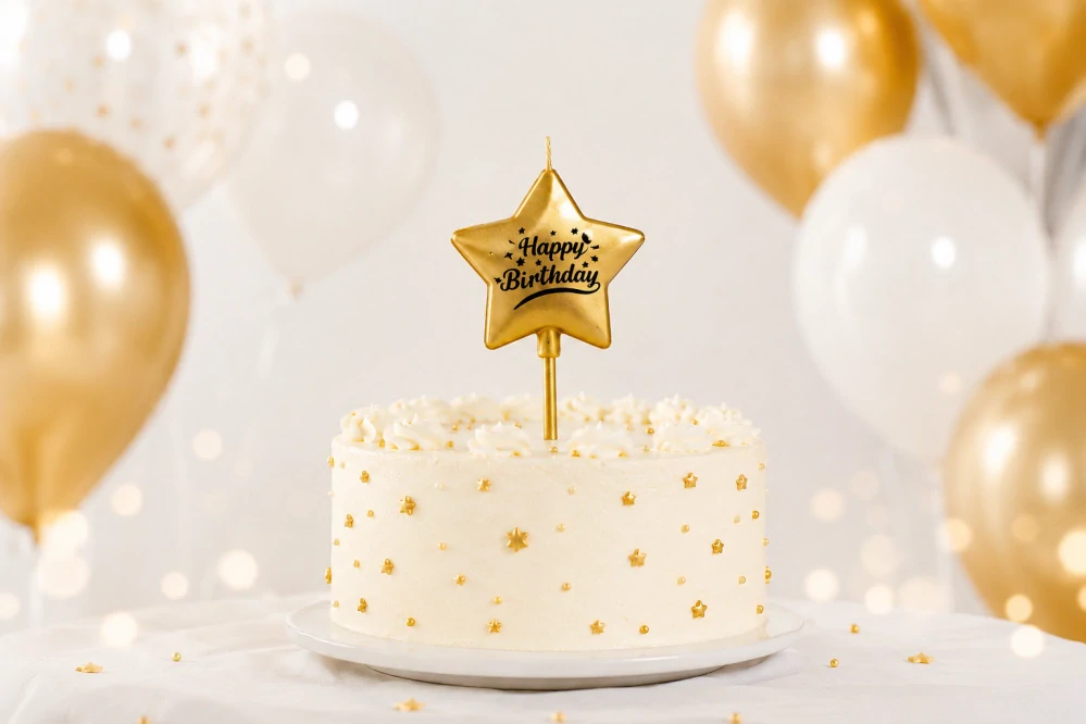 Metalická narodeninová sviečka Hviezda Happy Birthday – 12 cm zlatá