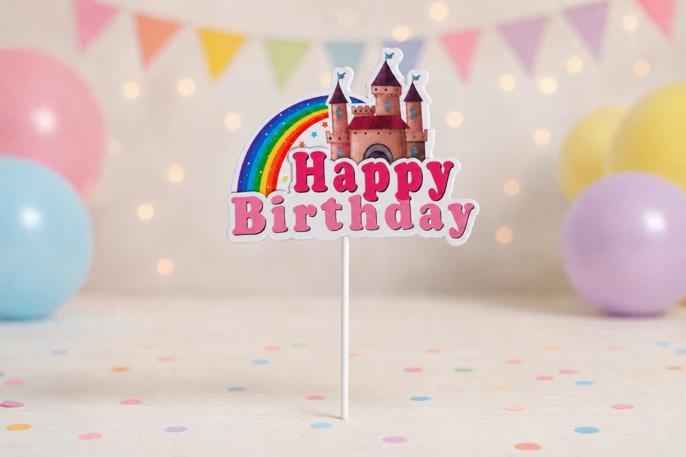 Svietiaca narodeninová zápich dekorácia na tortu Hrad s dúhou „Happy Birthday“ – 22 x 13 cm Ružová