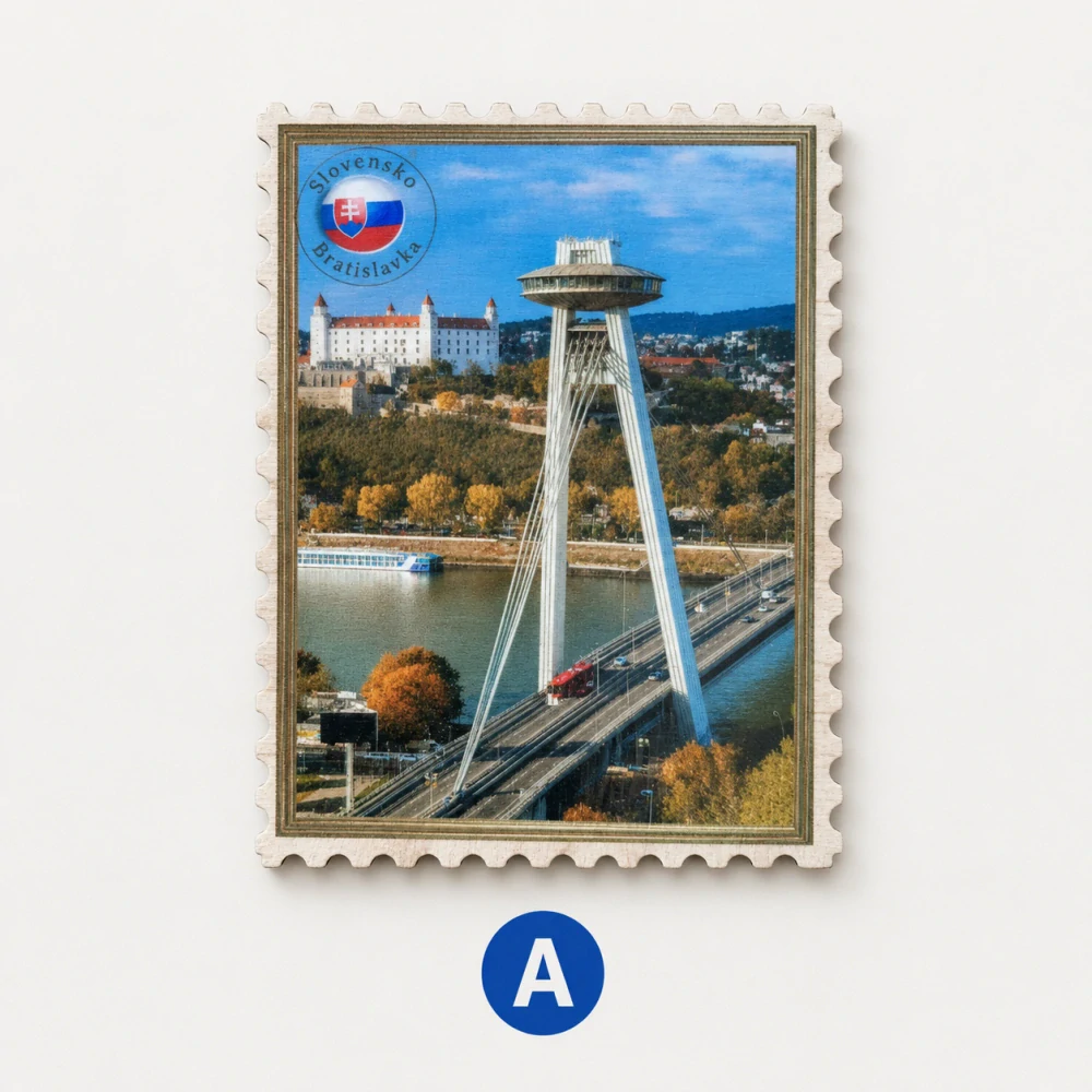 Drevená magnetka v tvare poštovej známky „Slovensko“ – Tradičné motívy, 8,5 x 6,5 cm A