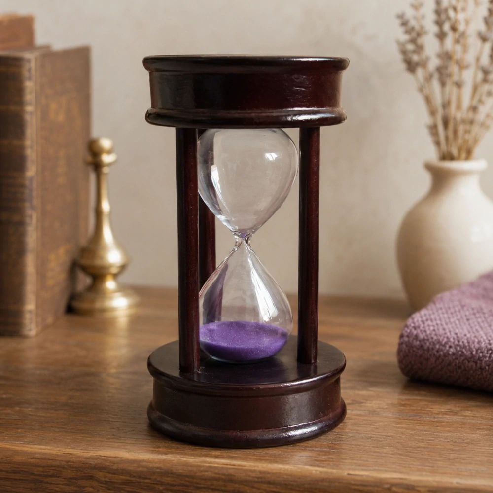 Drevené presýpacie hodiny s fialovým pieskom – Elegantná retro dekorácia, 11 x 6 cm