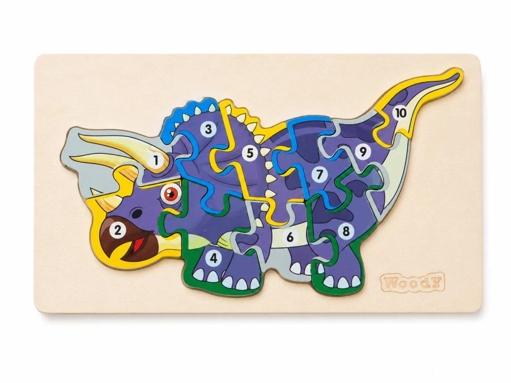 Drevené puzzle s číslami Dinosaurus Triceratops – 10 dielikov