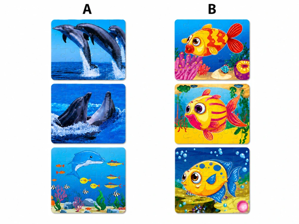 Detské skladačky / puzzle Podmorský svet – Sada 3 ks (14 x 14 cm) – varianty Delfíny a Rybičky