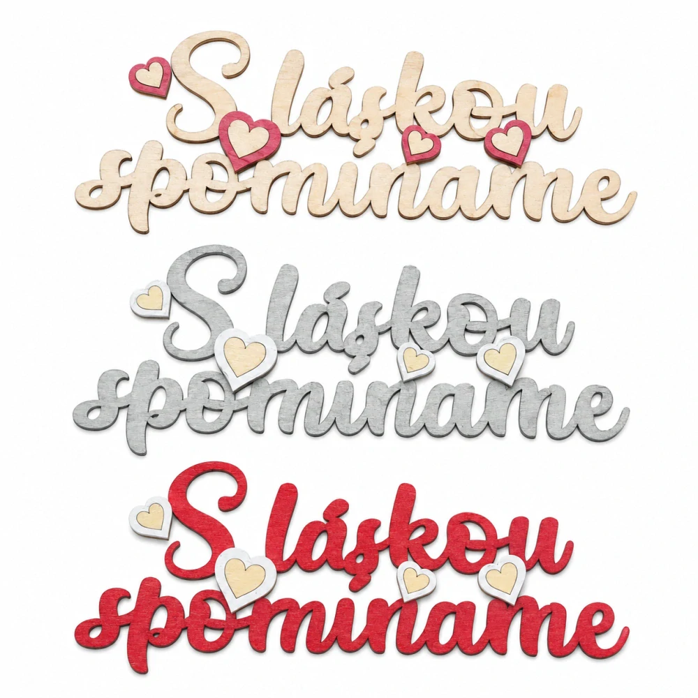 Drevený spomienkový nápis – "S láskou spomíname" (19 × 7,5 cm, mix farieb)