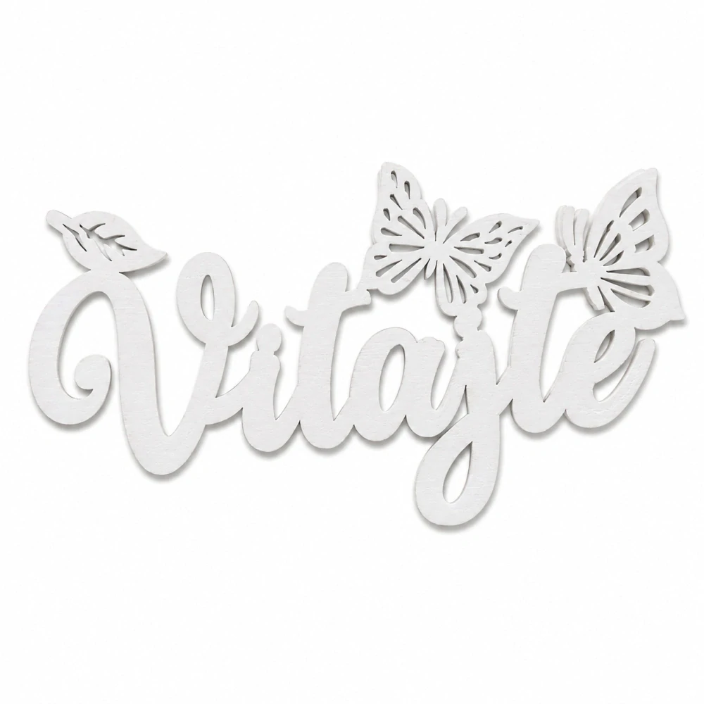 Drevený dekoračný nápis – "Vitajte" s motýľmi (14,5 × 6 cm, 2 ks v balení) – Biely