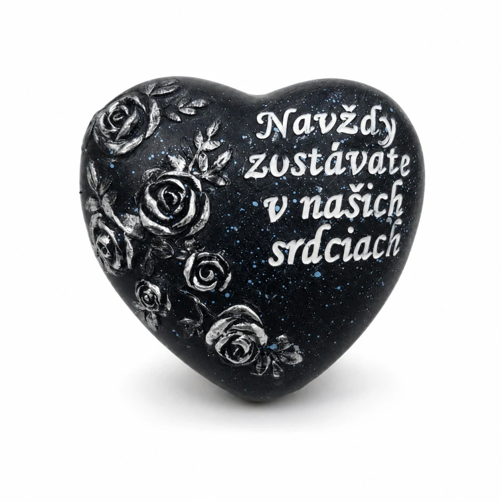 Pietne srdce s ružami „Navždy zostávate v našich srdciach“ (9 × 8 cm)