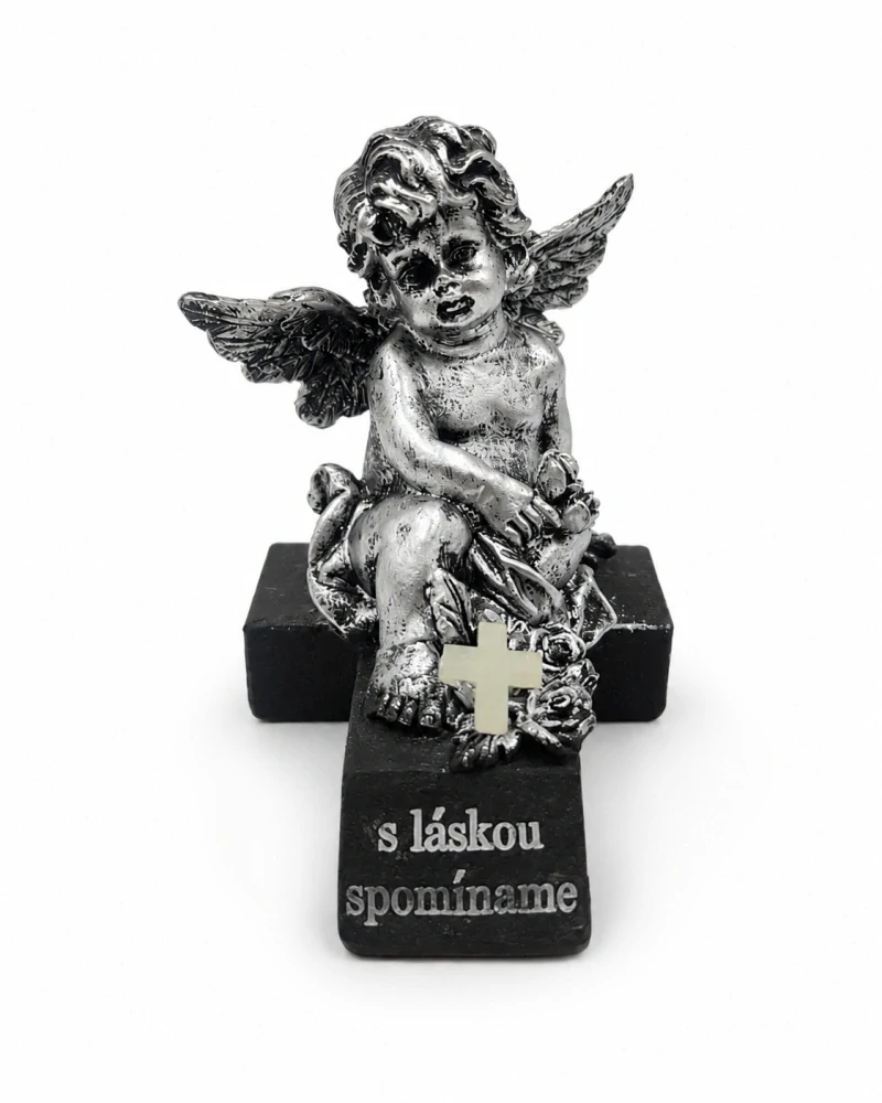 Pietna soška anjel na kríži so LED svietiacim krížikom „S láskou spomíname“ (11 cm)