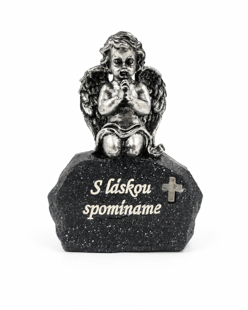 Pietna solárna dekorácia anjel na kameni so svietiacim krížikom „S láskou spomíname“ (17,5 cm)