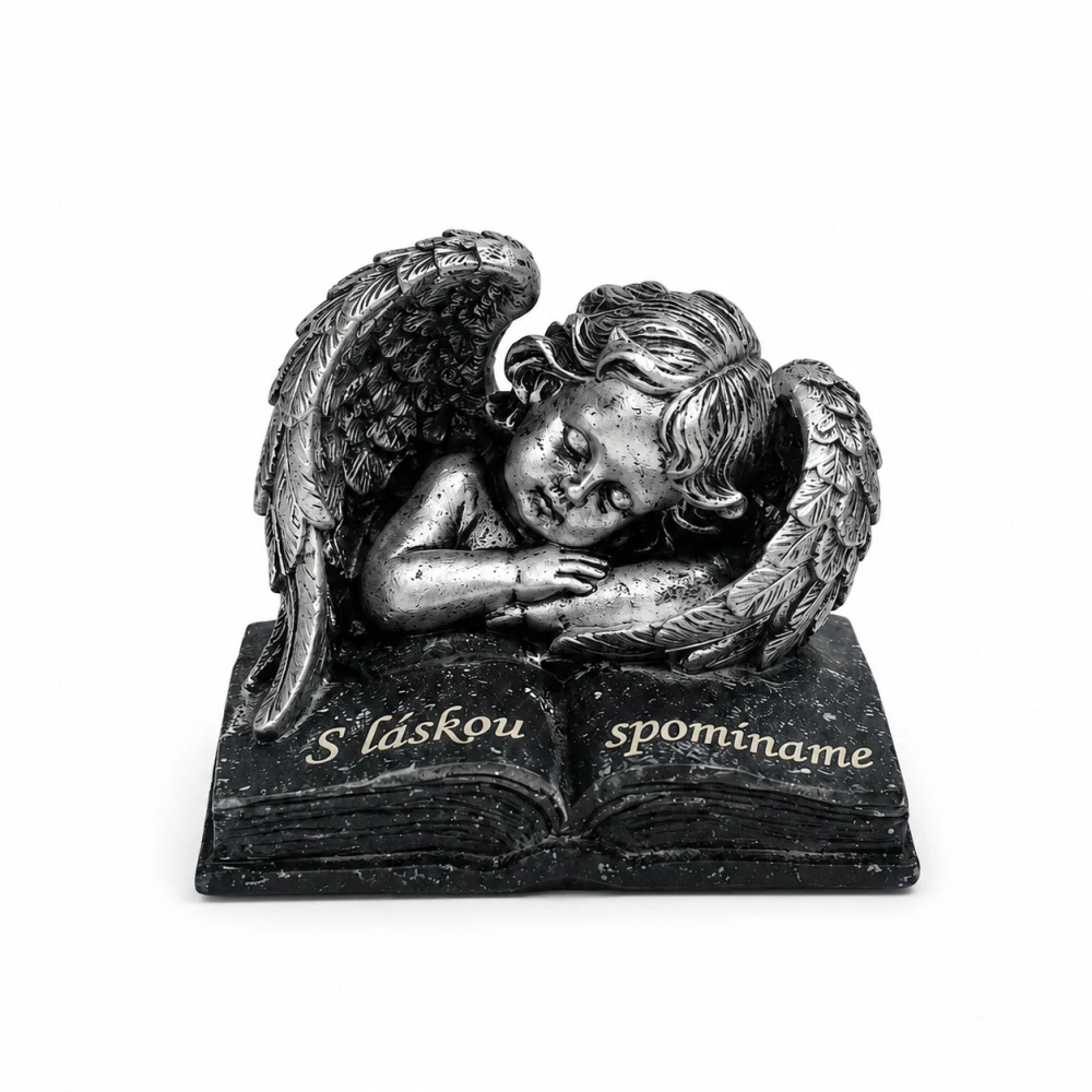 Pietna dekorácia spiaci anjel na knihe „S láskou spomíname“ (10 cm)