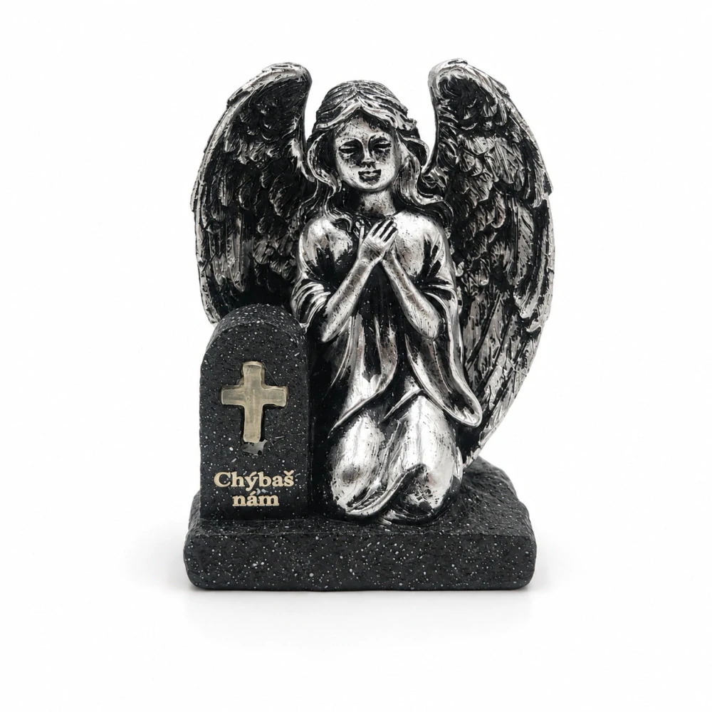 Pietna solárna dekorácia kľačiaci anjel pri pomníku „Chýbaš nám“ (15 cm)