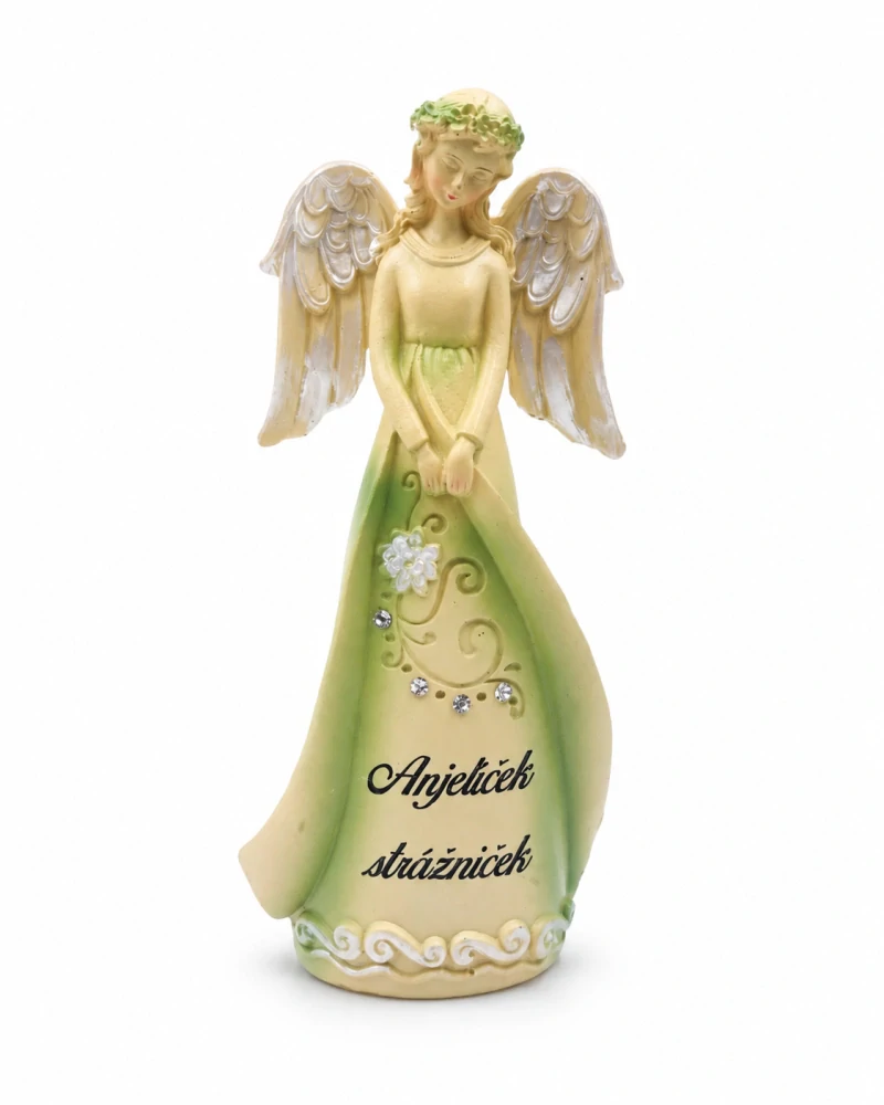 Dekoračný anjel s kamienkami „Anjelíček strážniček“ – krémovo-zelený (20 cm)