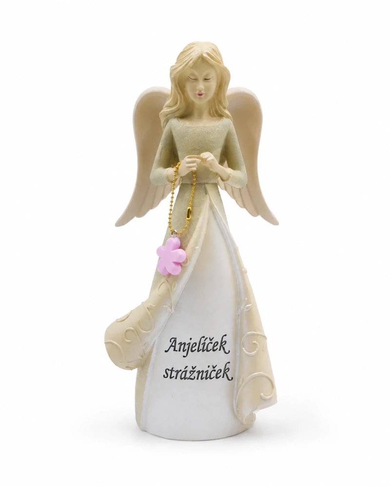 Dekoračný anjel s ružovým kvietkom na retiazke „Anjelíček strážniček“ (20 cm)