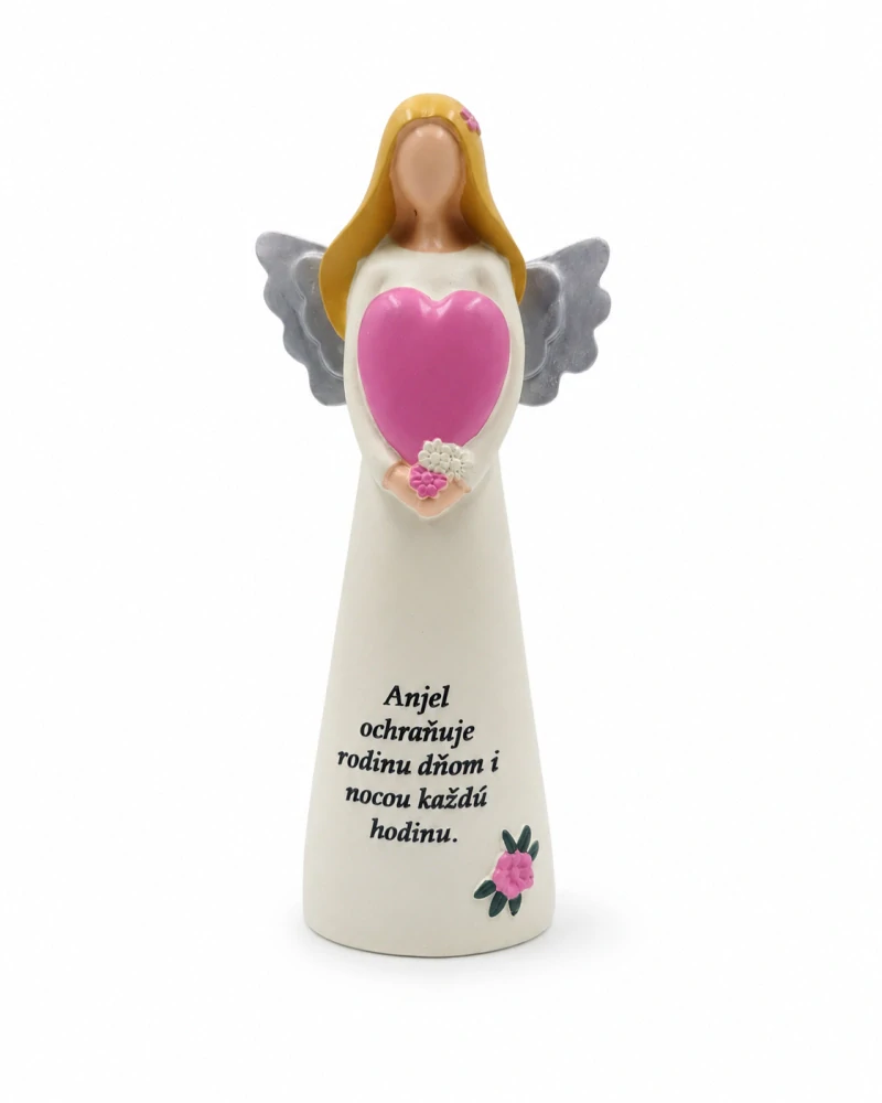 Dekoračný anjel s ružovým srdcom a striebornými krídlami (20 cm)