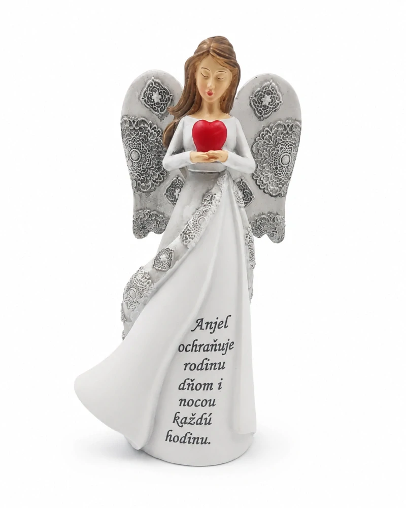 Dekoračný biely anjel s mandalovými krídlami a červeným srdcom (19,5 cm)