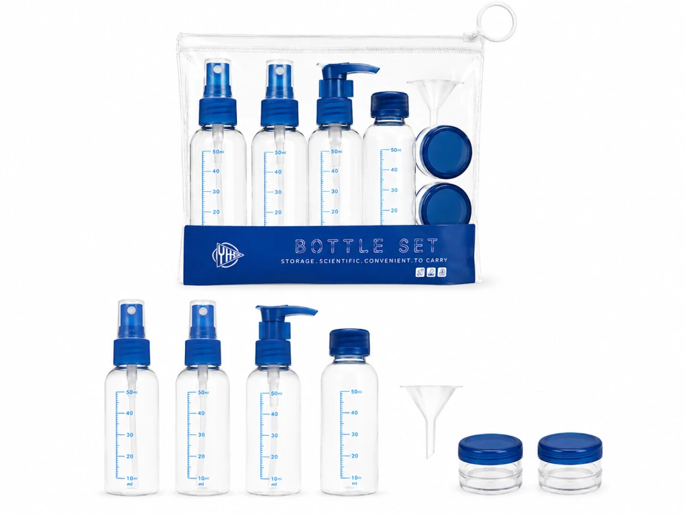 Cestovná sada fľaštičiek na kozmetiku do lietadla (50 ml / 60 ml), 8-dielna s lievikom a špachtľou - modrá