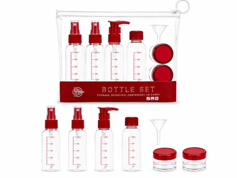 Cestovná sada fľaštičiek na kozmetiku do lietadla (50 ml / 60 ml), 8-dielna s lievikom a špachtľou - červená