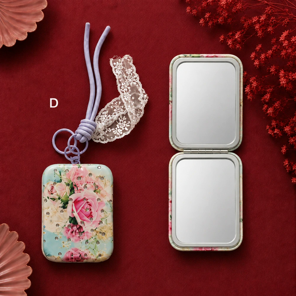 Kvetinové vreckové zrkadielko do kabelky s kamienkami a čipkou (obojstranné) – 8,5 × 6 cm vzor D