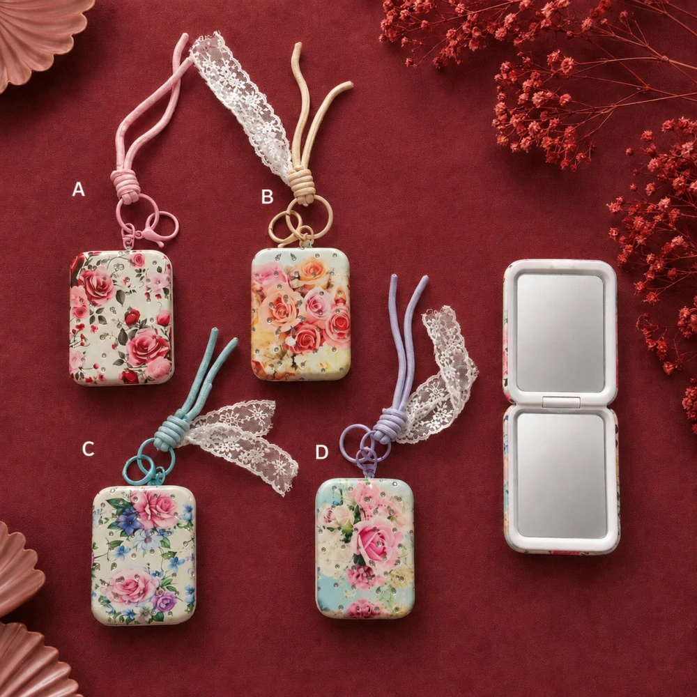 Kvetinové vreckové zrkadielko do kabelky s kamienkami a čipkou (obojstranné) – 8,5 × 6 cm