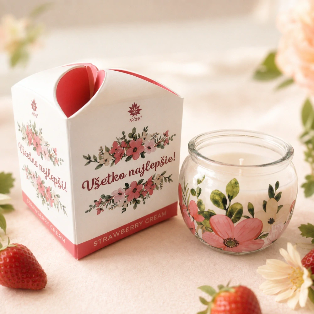 Vonná sviečka v skle Arôme „Všetko najlepšie!“ – Jahodový krém (Strawberry Cream) 90 g