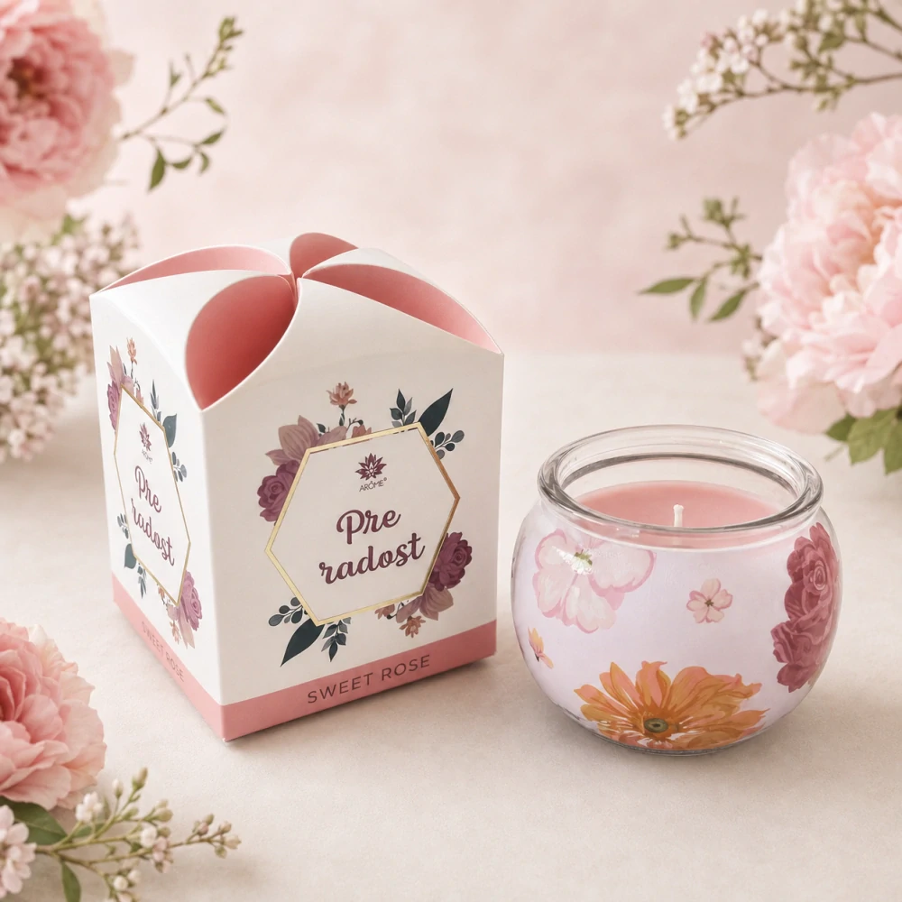 Vonná sviečka v skle Arôme „Pre radosť / Pro radost“ – Sladká ruža (Sweet Rose) 90 g
