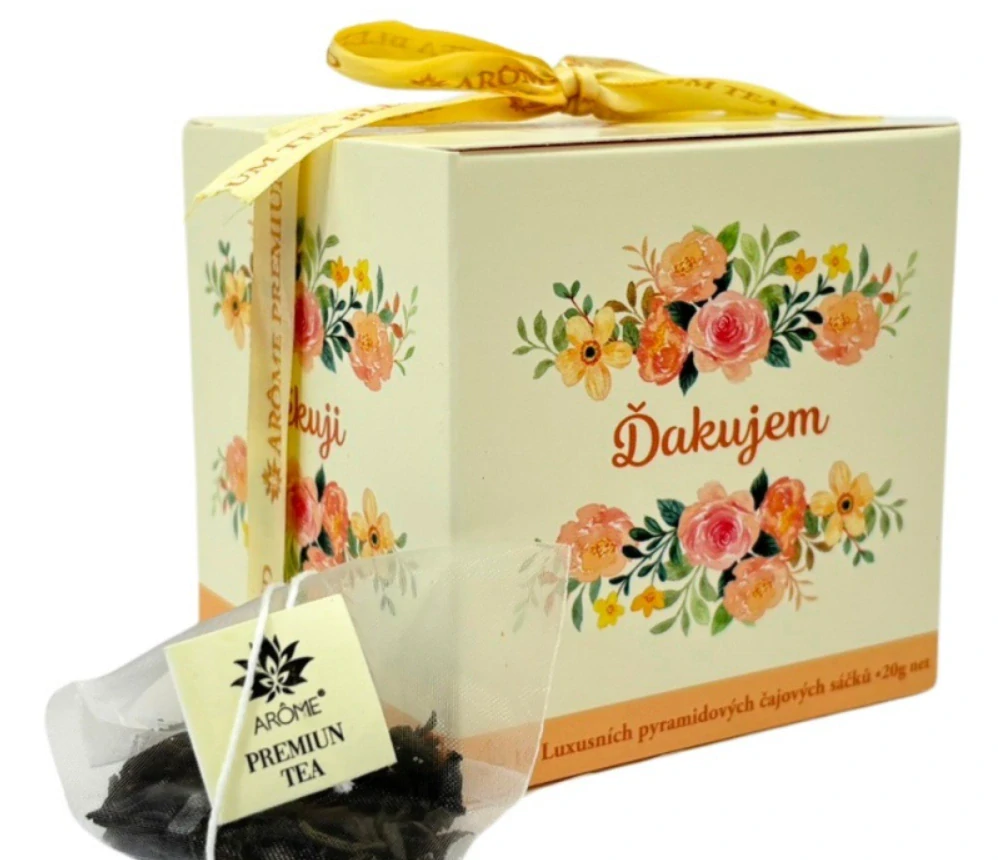Darčekový prémiový zelený čaj Arôme „Ďakujem / Děkuji“ – Harmanček s citrónovou trávou & Čučoriedka s bazou (10 pyramídok, 20 g)