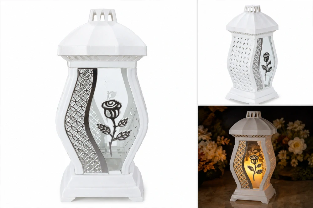 Plastový lampáš so sklom a motívom ruže, biely – 34 cm