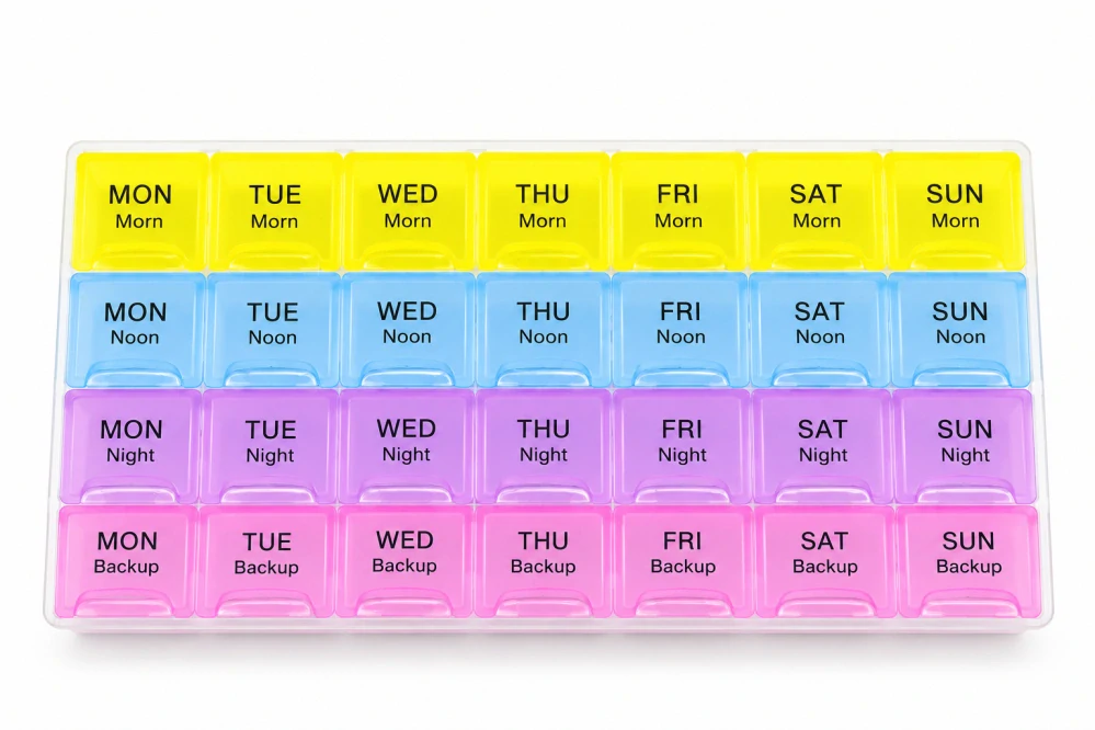 Týždenný dávkovač na lieky 4-fázový s rezervou (Morn, Noon, Night, Backup) – 22 × 12 × 2,0 cm