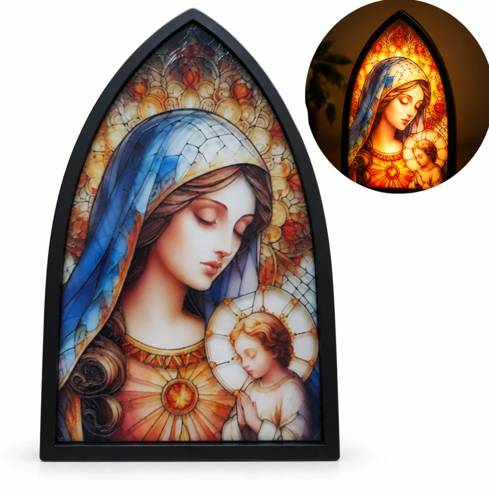 Vianočná vitrážová dekorácia Madona s dieťaťom 21 cm – LED osvetlenie