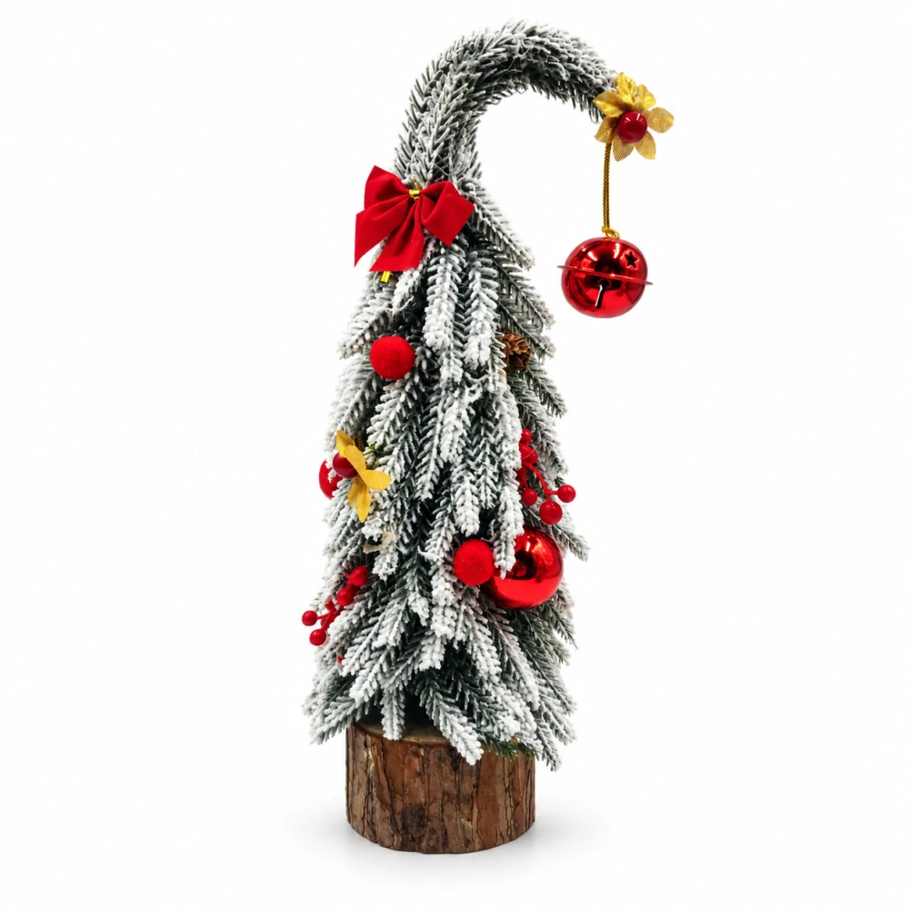 Zasnežený vianočný stromček s ohnutou špičkou a rolničkou – červeno-zlatý, 34 cm
