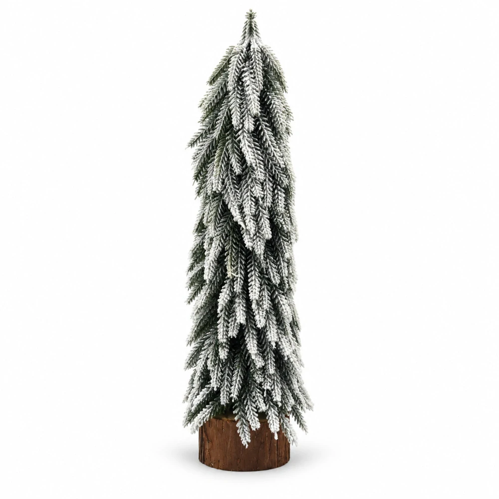 Vysoký zasnežený vianočný stromček štíhly na dreve – 41 cm