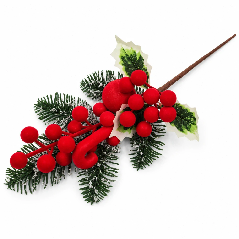 Vianočný zápich s červenými bobuľami, chvojou a lízankou – 33 cm