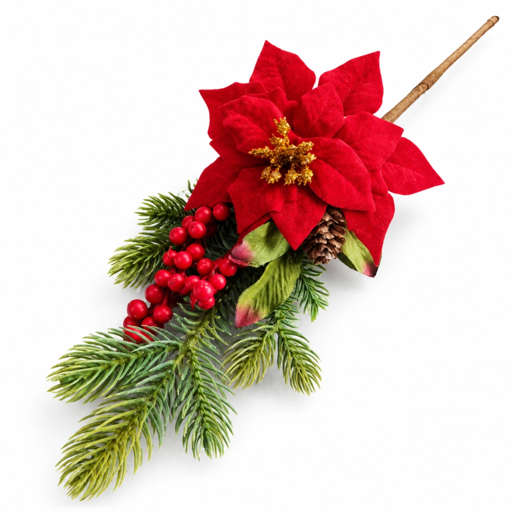 Vianočná vetvička s červenou poinsettiovej ružou, bobuľami a šiškou – 35 cm