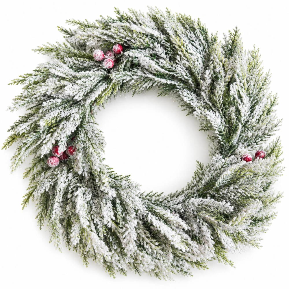 Umelý zasnežený vianočný veniec s červenými bobuľami – 40 cm