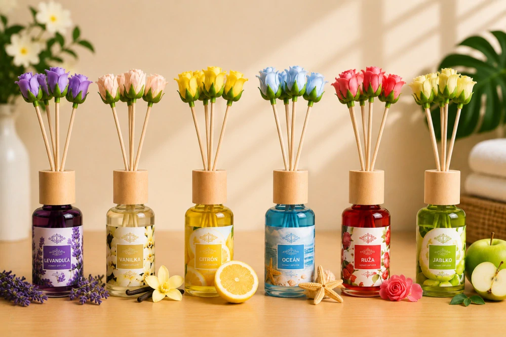 Dizajnový tyčinkový aroma difuzér s kvetmi – 30 ml Vanilka