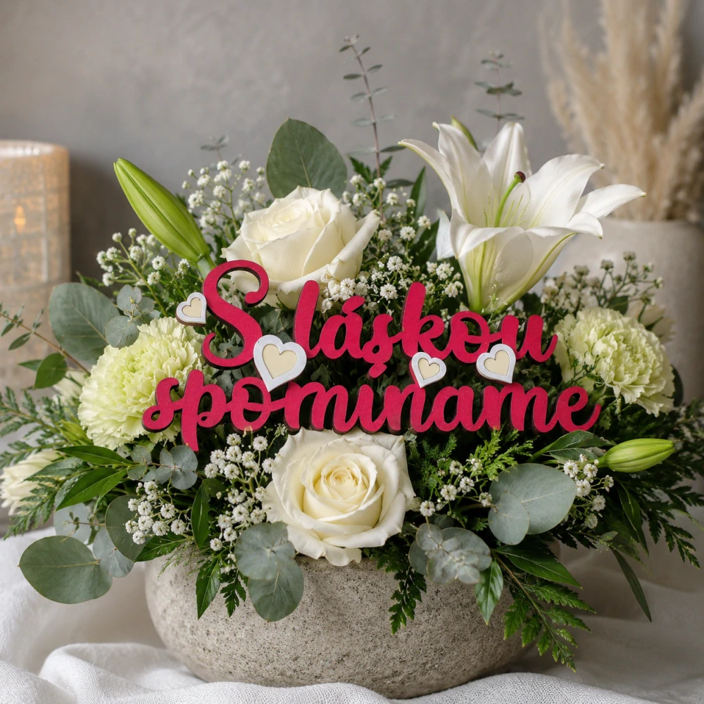Drevený spomienkový nápis – "S láskou spomíname" (19 × 7,5 cm, mix farieb)