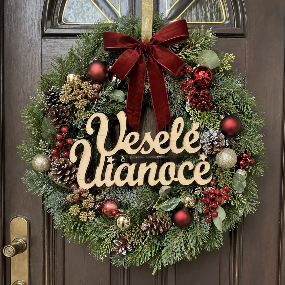 Drevený vianočný nápis – "Veselé Vianoce" (12 × 6,5 cm, 3 ks v balení)