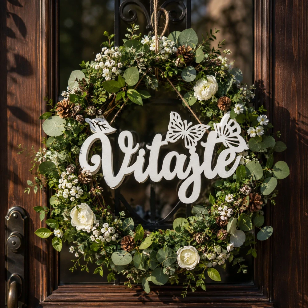 Drevený dekoračný nápis – "Vitajte" s motýľmi (14,5 × 6 cm, 2 ks v balení) – Biely