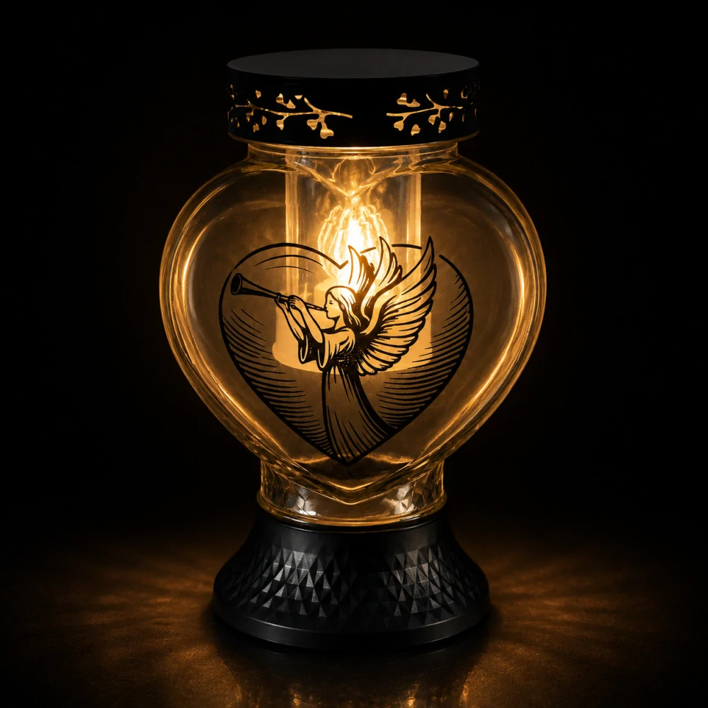 Solárny sklenený kahanec Srdce – Anjel s trúbkou (22 cm)