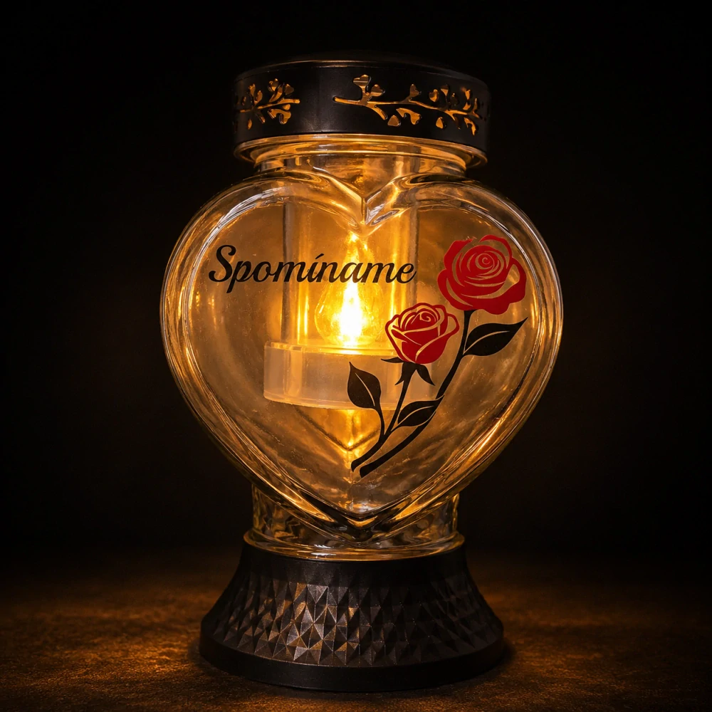 Solárny sklenený kahanec Srdce – "Spomíname" s ružami (22 cm)