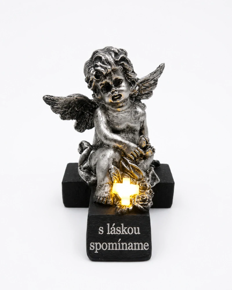 Pietna soška anjel na kríži so LED svietiacim krížikom „S láskou spomíname“ (11 cm)