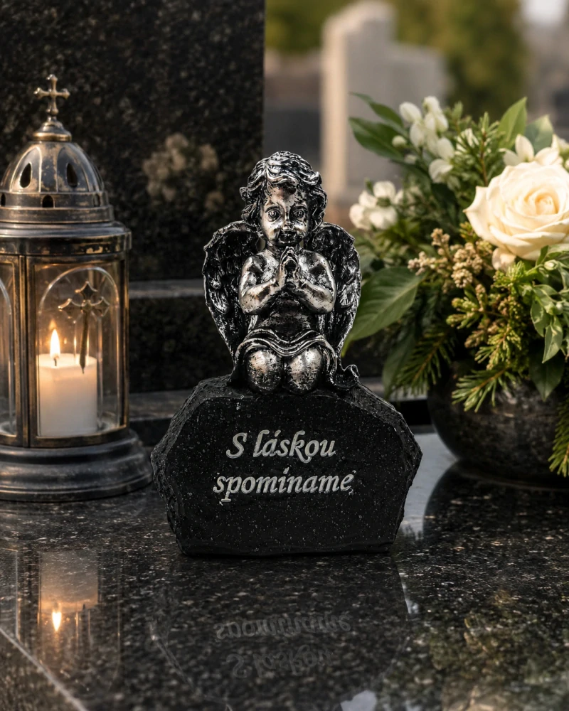 Pietna dekorácia kľačiaci anjel na kameni „S láskou spomíname“ (17 cm)