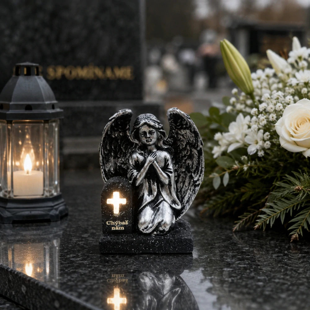 Pietna solárna dekorácia kľačiaci anjel pri pomníku „Chýbaš nám“ (15 cm)