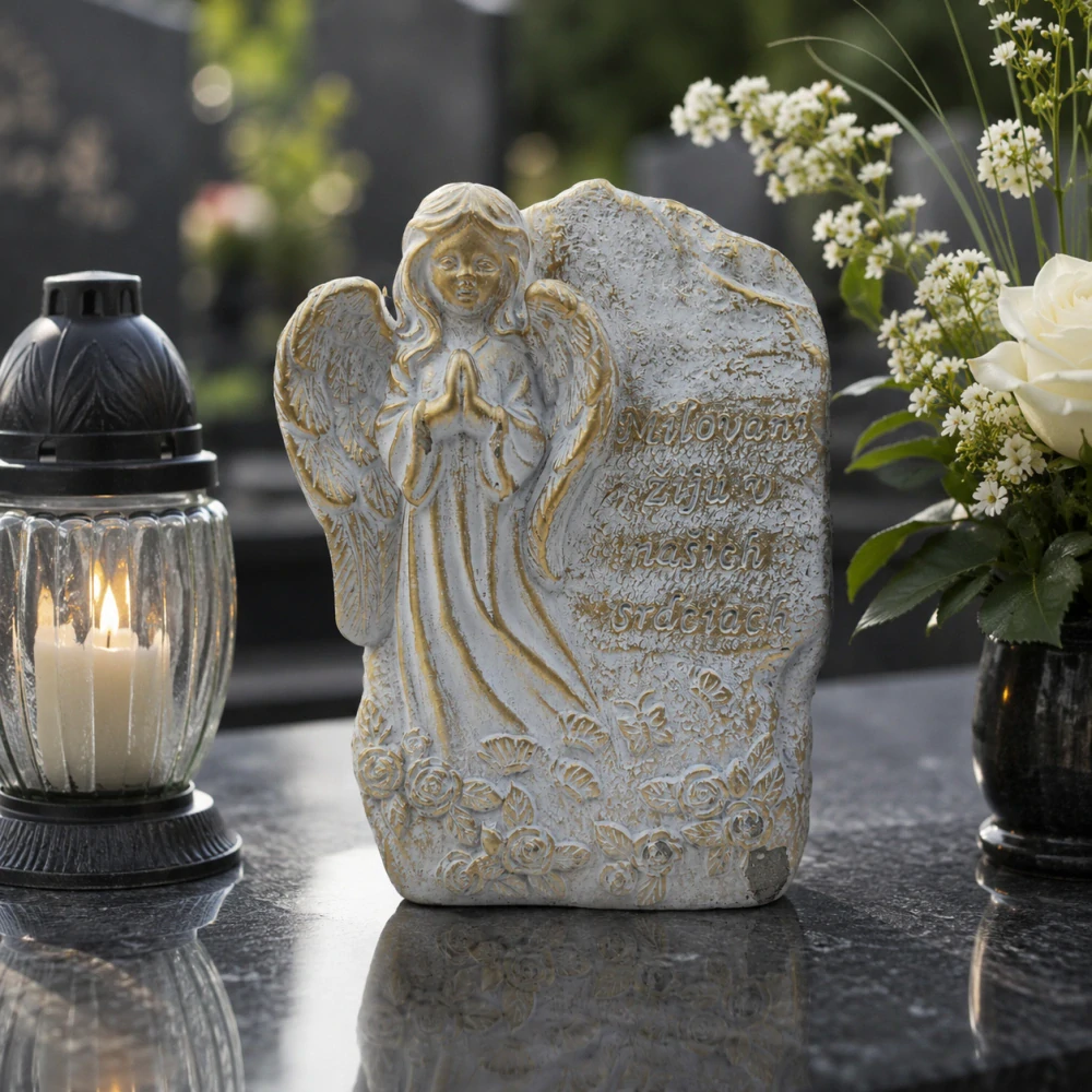 [II. AKOSŤ / ZĽAVA] Betónová pietna dekorácia anjel na pomníku „Milovaní žijú v našich srdciach“ (21 cm)