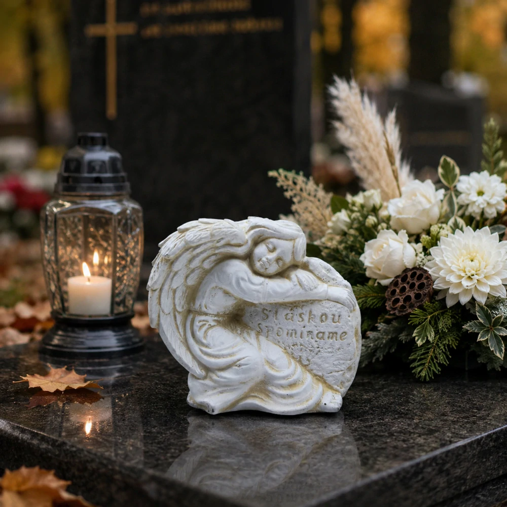 Masívna pietna dekorácia spiaci anjel pri srdci „S láskou spomíname“ (14 cm)