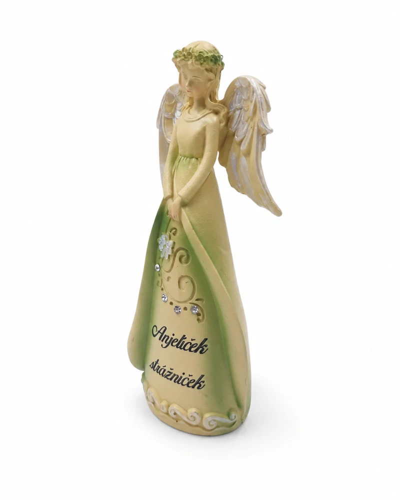 Dekoračný anjel s kamienkami „Anjelíček strážniček“ – krémovo-zelený (20 cm)