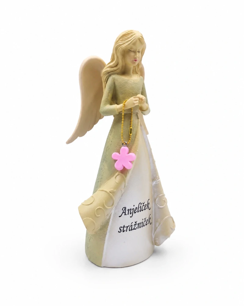 Dekoračný anjel s ružovým kvietkom na retiazke „Anjelíček strážniček“ (20 cm)