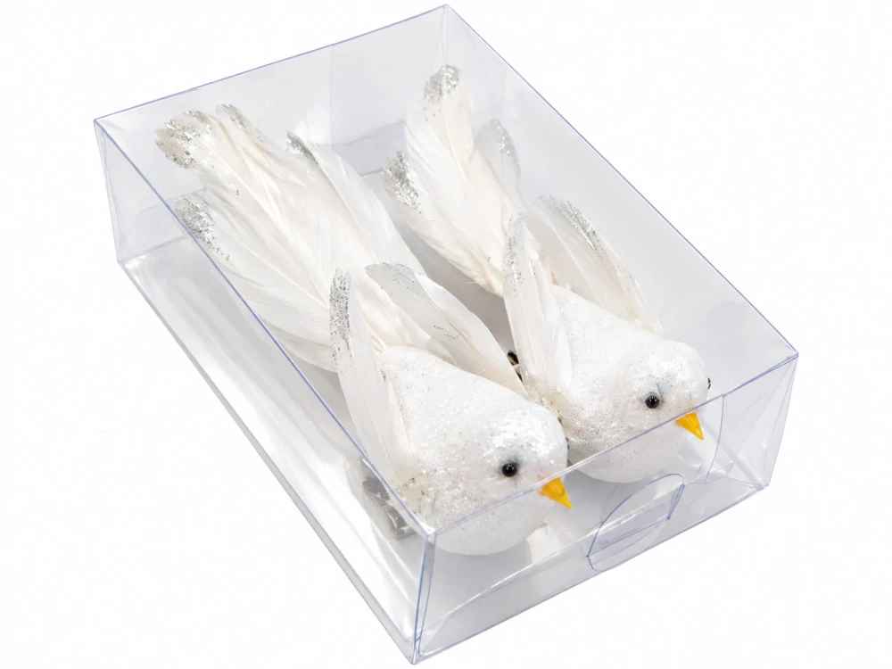 Biele vianočné vtáčiky s perím a trblietavými koncami 13 × 5 cm – balenie 2 ks