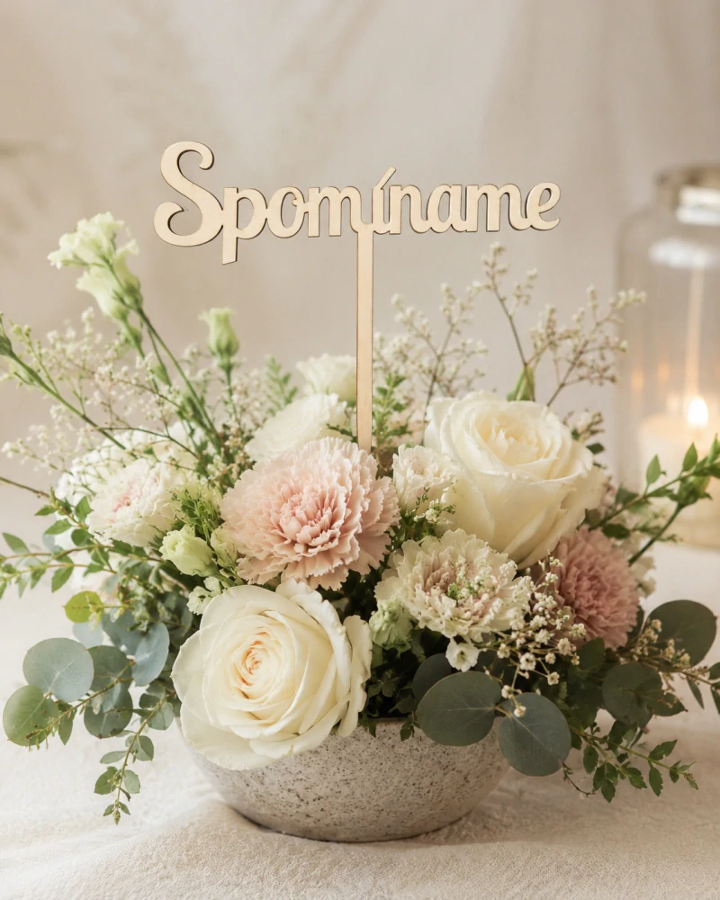 Drevená spomienková zapichovačka – Nápis "Spomíname" (15 × 11 cm, 2 ks v balení)