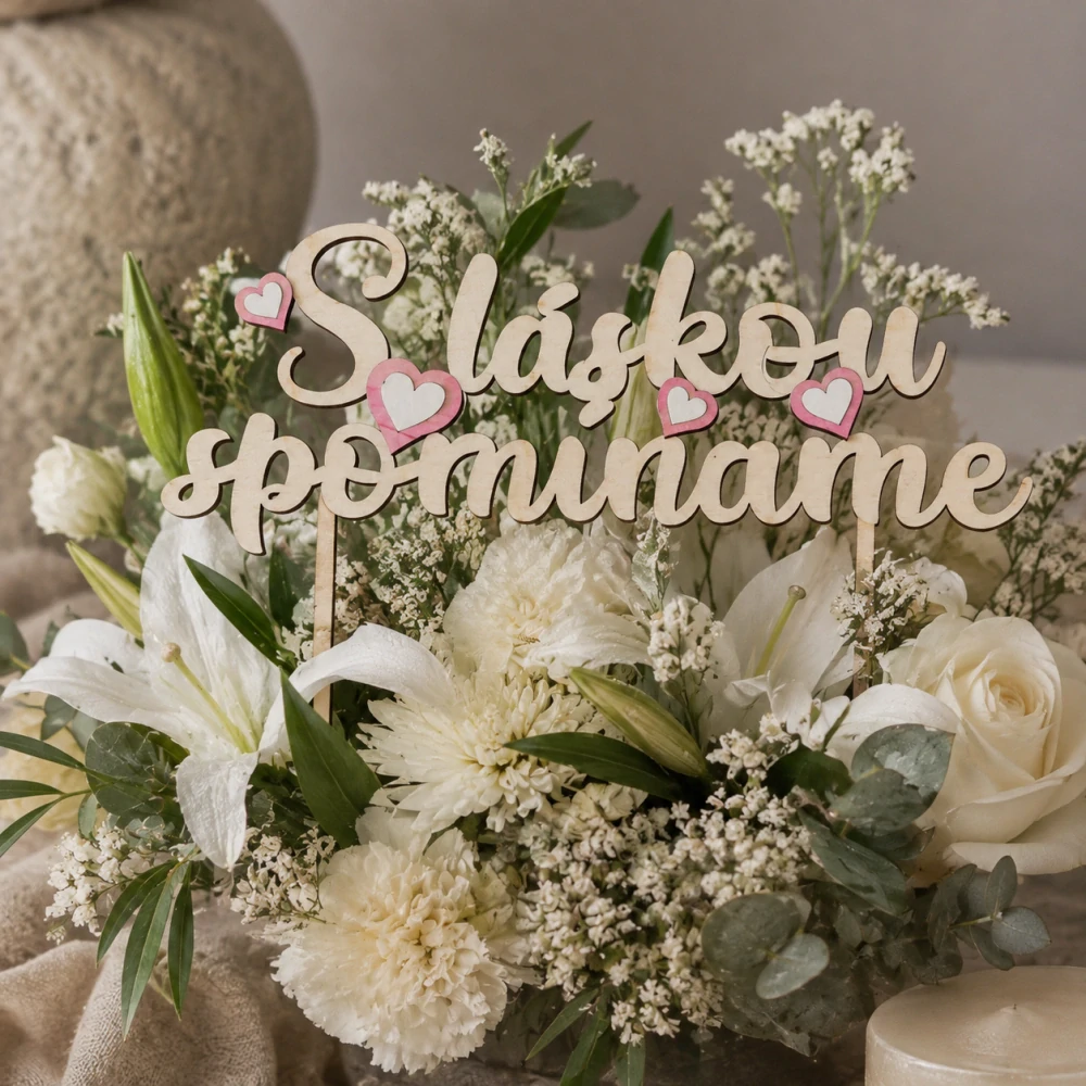 Drevený spomienkový nápis – "S láskou spomíname" (19 × 7,5 cm, mix farieb)